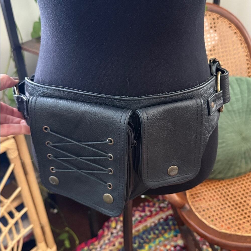 Lakhay’s Black Leather Moto Chic Detail Adjustable Strap Belt Hip Crossbody Bag